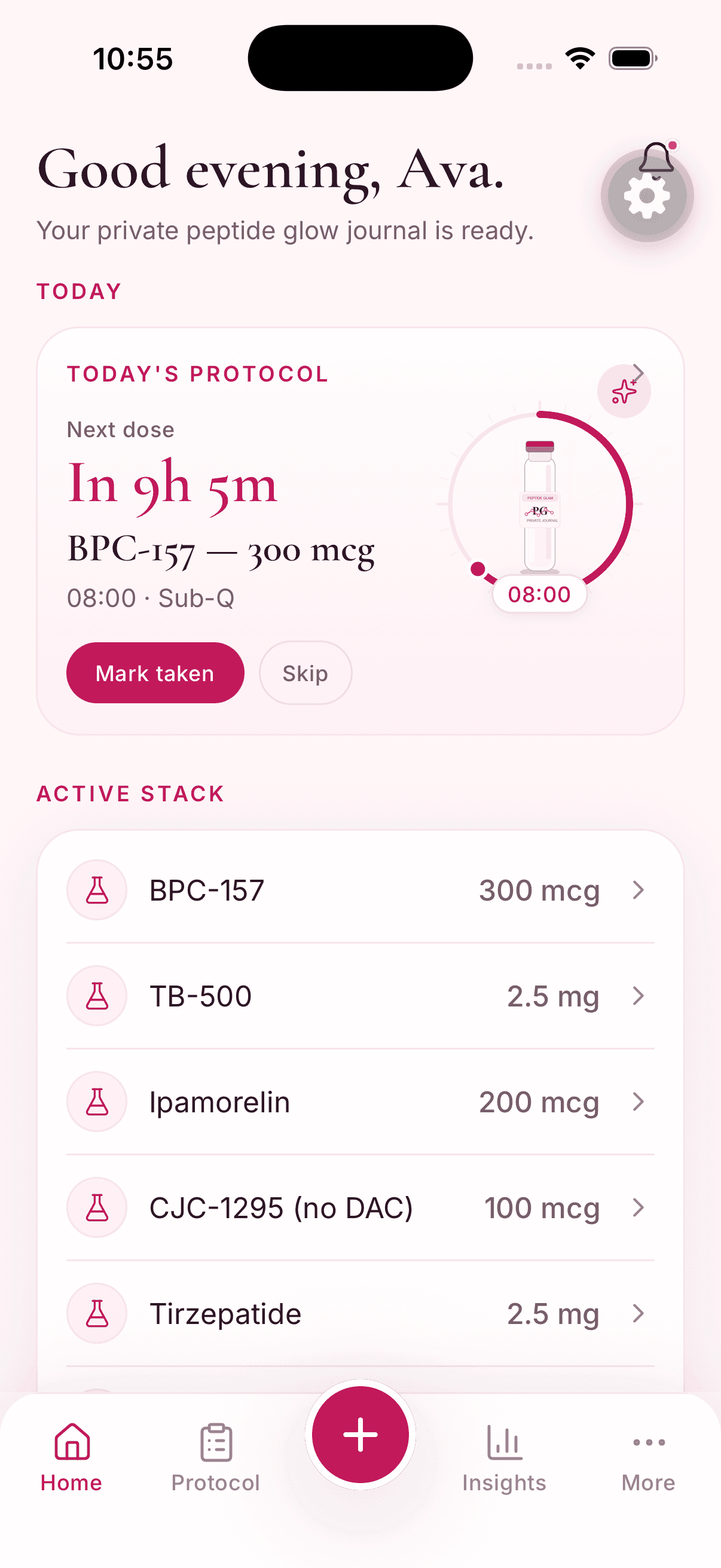 Peptide Glam dashboard screen