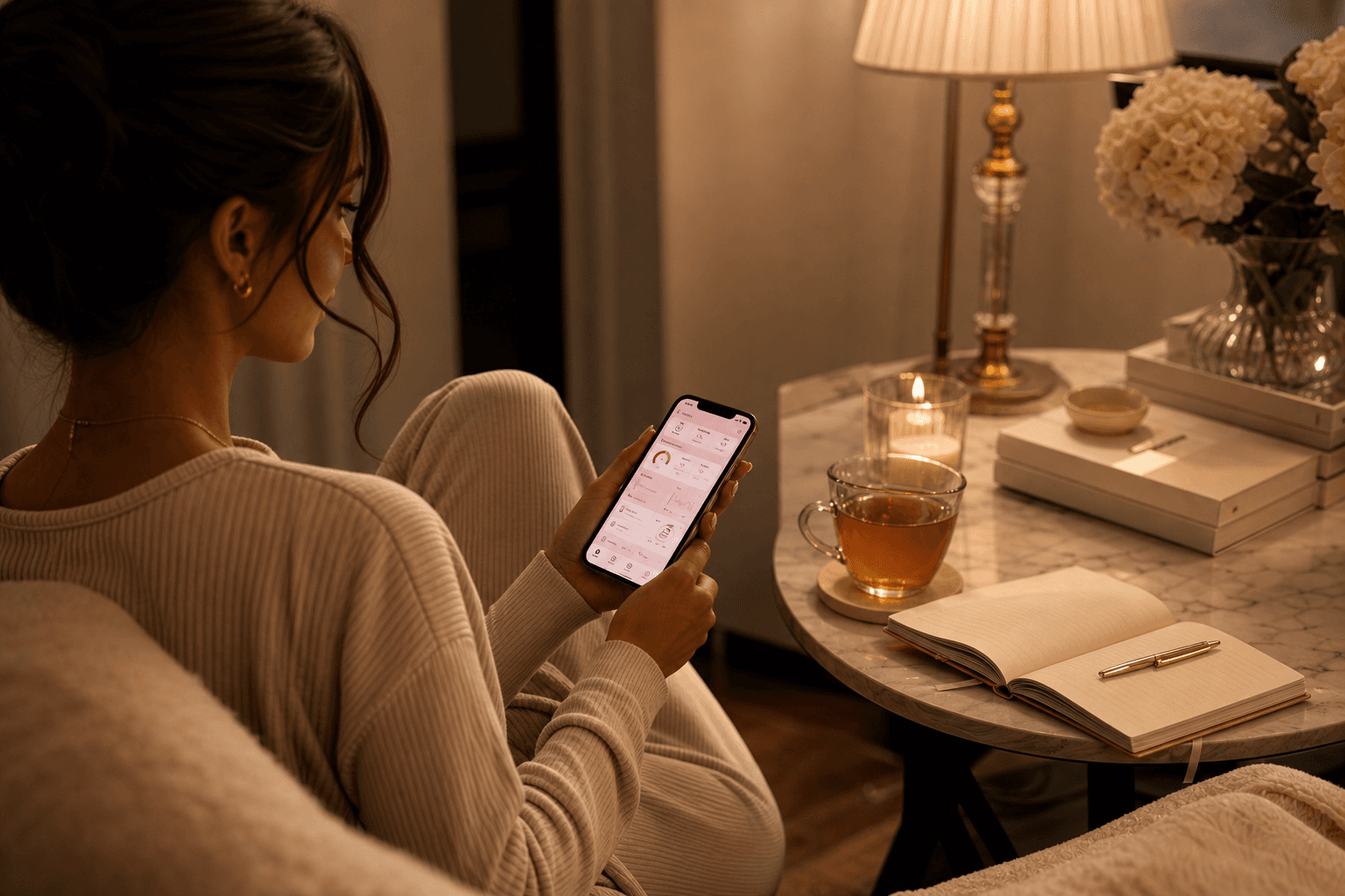 Woman reviewing a wellness app beside a journal and tea
