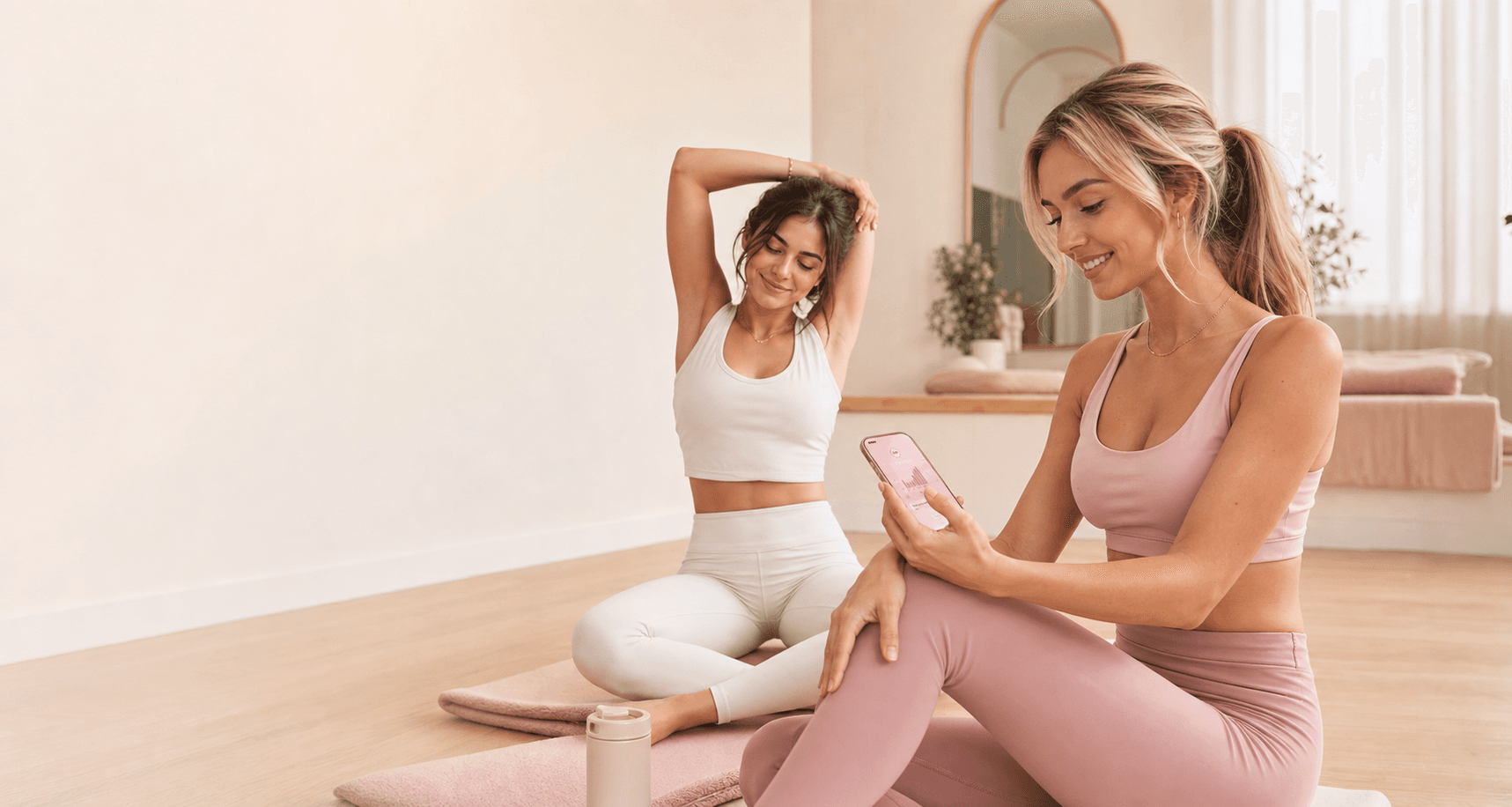 Women in a bright wellness studio checking a phone after a routine